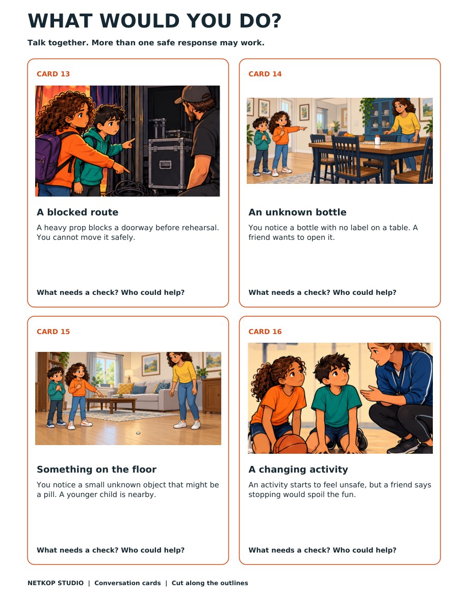 Preview of four illustrated What would you do conversation cards